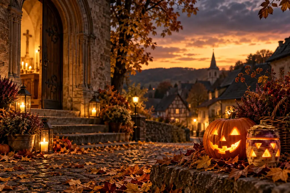 Künstlerische Herbstillustration: Kirche bei Sonnenuntergang, geschnitzte Kürbis- und Rübenlaternen, Kerzen und Dorfstraße.
