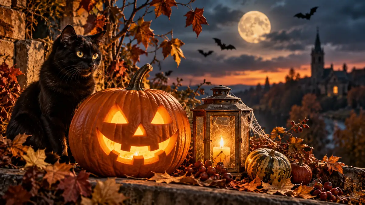Künstlerische Halloween-Szene mit geschnitztem Kürbis, schwarzer Katze, Laterne und Fledermaussilhouetten im Abendhimmel.