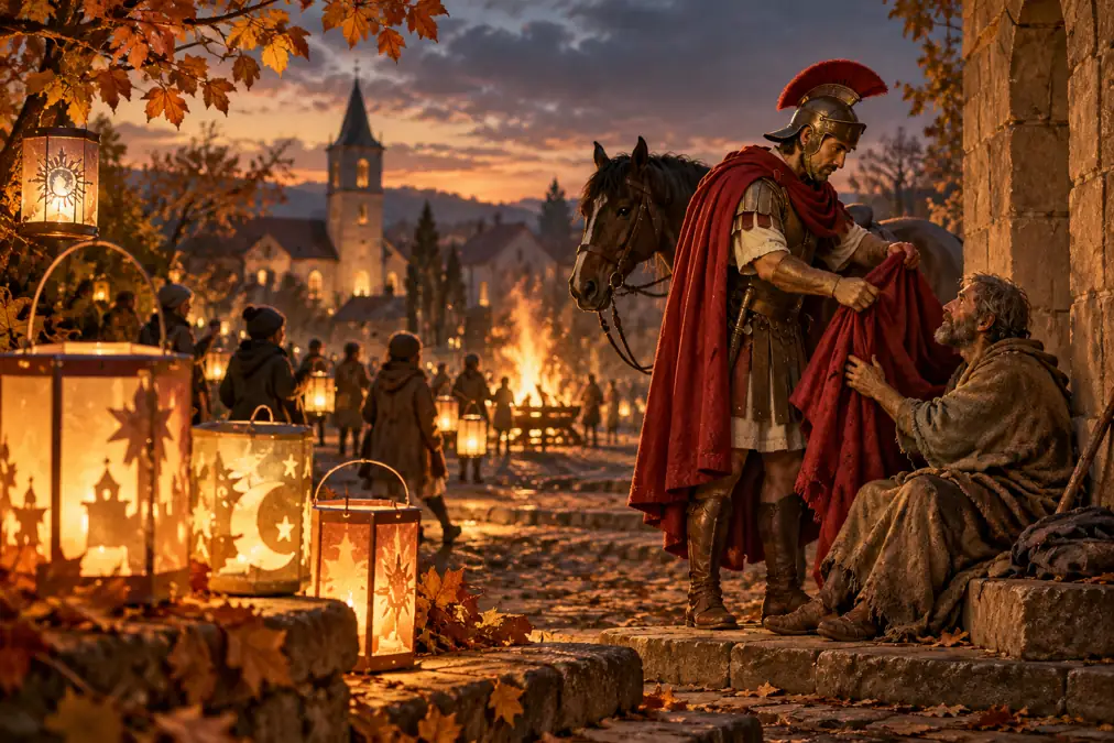 Künstlerische Illustration: Sankt Martin im roten Mantel hilft einem Bedürftigen, während Kinder mit Laternen durch ein herbstliches Dorf ziehen.