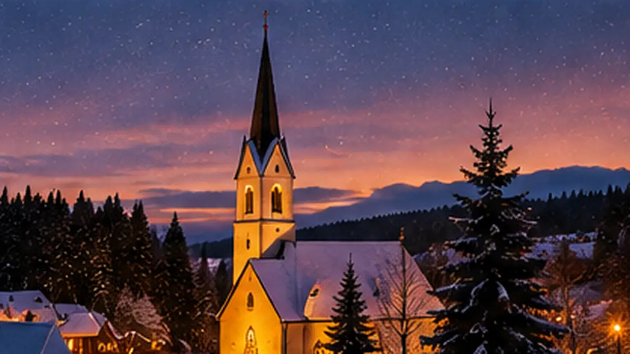Winterliche Dorfkirche im warmen Abendlicht unter einem Sternenhimmel (KI-Illustration)