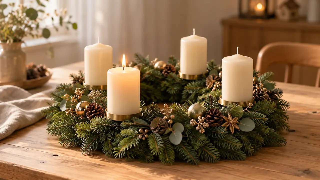 Grüner Adventskranz auf hellem Holztisch mit vier cremefarbenen Kerzen; eine Kerze brennt