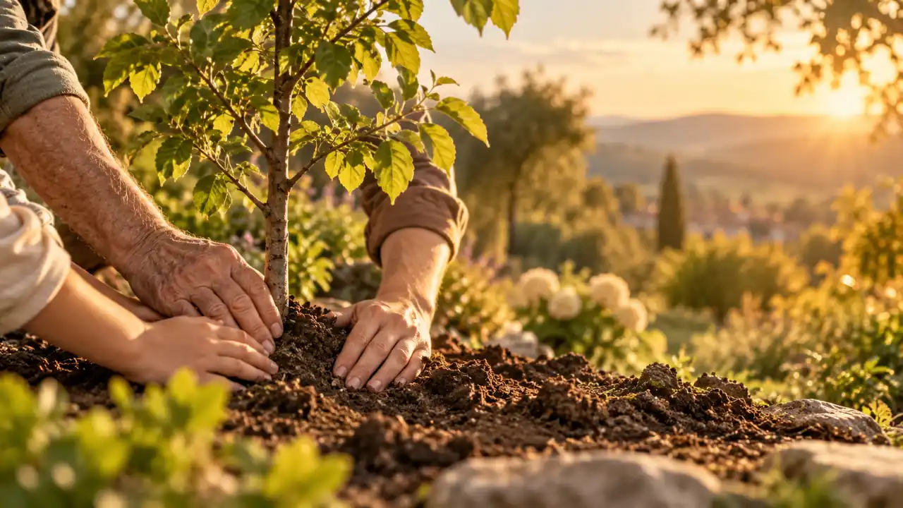 Hände von Menschen verschiedener Generationen pflanzen gemeinsam einen jungen Baum im goldenen Abendlicht – KI-generierte Illustration zum Zusammenhalt in der Familie