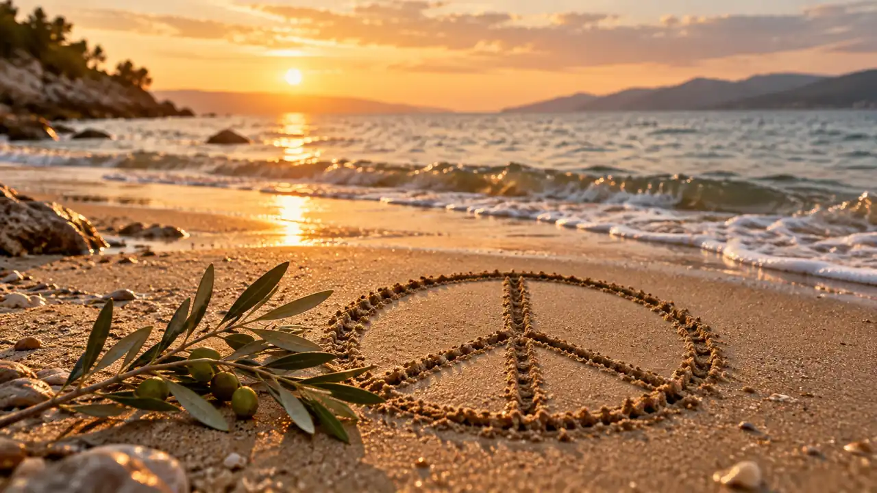Peace-Zeichen in warmem Strandsand, daneben ein Olivenzweig; ruhiger Sonnenuntergang über dem Meer – KI-generierte Illustration