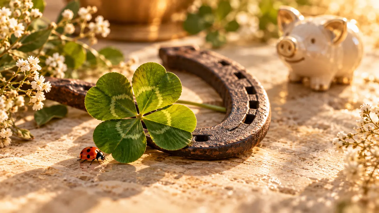 Vierblättriges Kleeblatt mit genau vier Blättchen vor einem Hufeisen, daneben ein Marienkäfer und ein kleines Glücksschwein aus Keramik im warmen Licht – KI-generierte Symbolillustration