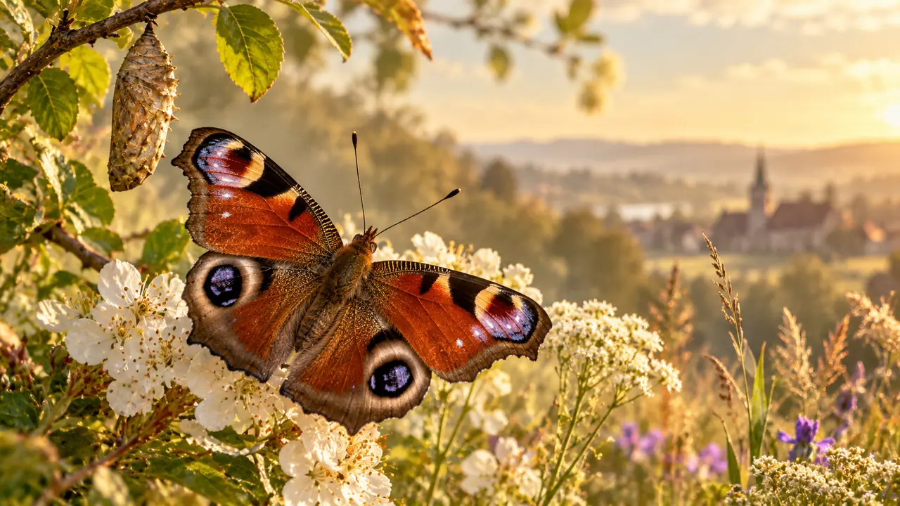 KI-generierte Naturillustration eines Tagpfauenauges mit vier Augenflecken auf Blüten, daneben eine Puppe im goldenen Abendlicht.