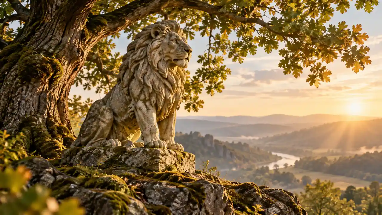 Steinerne Löwenskulptur unter einer alten Eiche auf einem Felsvorsprung im warmen Sonnenuntergang – KI-generierte Symbolillustration für Stärke und Mut